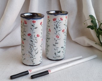 Handmade Ceramic Tumblers, Water Cup flower pottery, Tall Glass with Delicate Hand Painted Roses, Elegant Pottery Tumbler, Xmas Gift