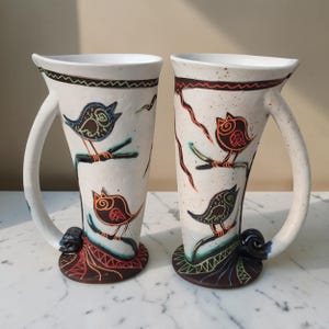 handmade ceramic bird mugs tall coffee cups sgraffito pottery set