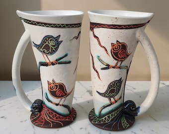 Handmade Ceramic Bird Mug Tall Coffee Cup Sgraffito Pottery Art Mug Set or Single