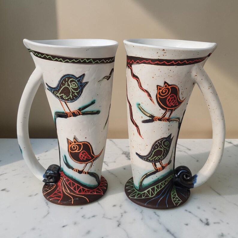 handmade ceramic bird mugs tall coffee cups sgraffito pottery set