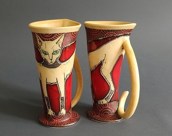 Handmade Sphinx Cat Mug, Mystic Cat Coffee Cup, Bastet Cat Tea Mug, Hand painted and Hand glazed Egyptian Style Cat and Sunsets on Red Mug