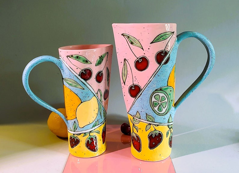 Slab Built Ceramic Pitcher, Unique Pottery Jug with Hand Painted Fruts, Tricolored Juice Conteiner, Home Decor, Functional Art image 1