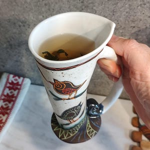 handmade ceramic bird mug with tea tall pottery coffee cup use