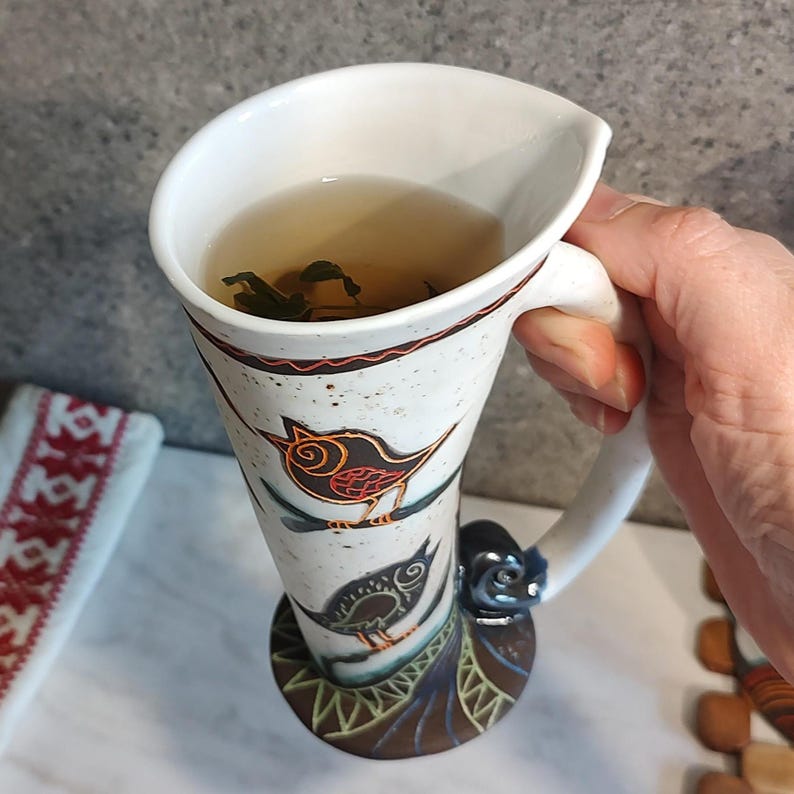 handmade ceramic bird mug with tea tall pottery coffee cup use