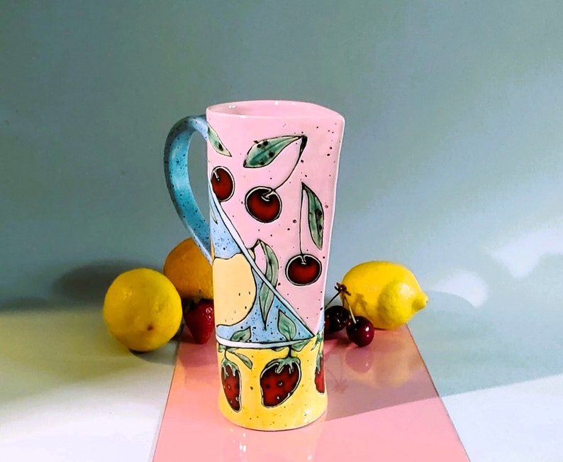 Slab Built Ceramic Pitcher, Unique Pottery Jug with Hand Painted Fruts, Tricolored Juice Conteiner, Home Decor, Functional Art image 7