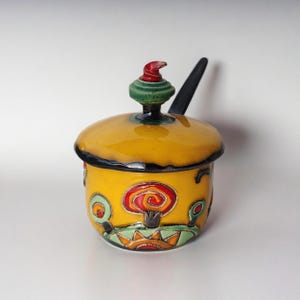 Handmade Ceramic Sugar Bowl, Whimsical Kitchen Decor, Colorful Lidded Pottery Jar