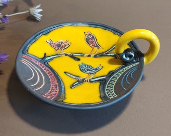 Hand-built ceramic candleholder with handpainted birds. Small handmade pottery dish with handle. Cookie Tray, Slab built pottery nuts bowl