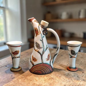 Ceramic Liquor Decanter Set with Shot Glasses – Handmade Pottery Bird Design – Vodka Gift Set