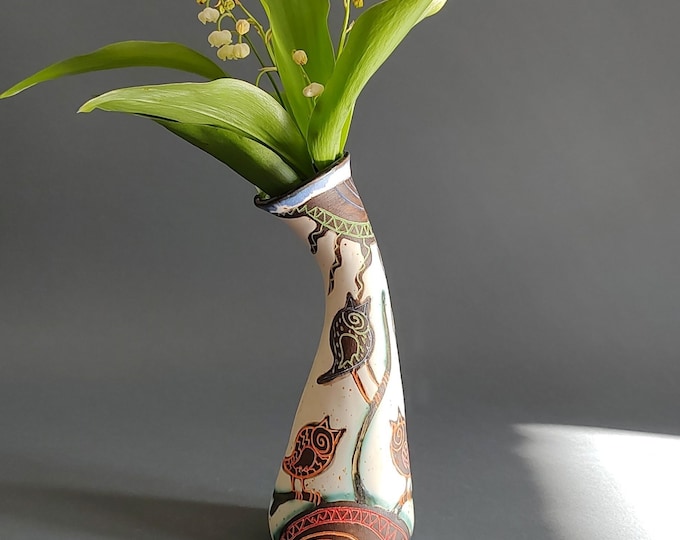 Handmade Ceramic Vase, White Bud Vase with Birds & Sun, Small Pottery Vase