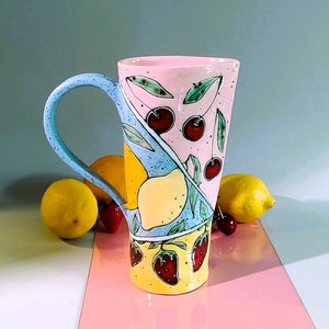 Slab Built Ceramic Pitcher, Unique Pottery Jug with Hand Painted Fruts, Tricolored Juice Conteiner, Home Decor, Functional Art image 9