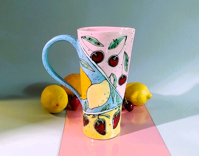 Slab Built Ceramic Pitcher, Unique Pottery Jug with Hand Painted Fruts, Tricolored Juice Conteiner, Home Decor, Functional Art image 9