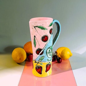 Slab Built Ceramic Pitcher, Unique Pottery Jug with Hand Painted Fruts, Tricolored Juice Conteiner, Home Decor, Functional Art image 5