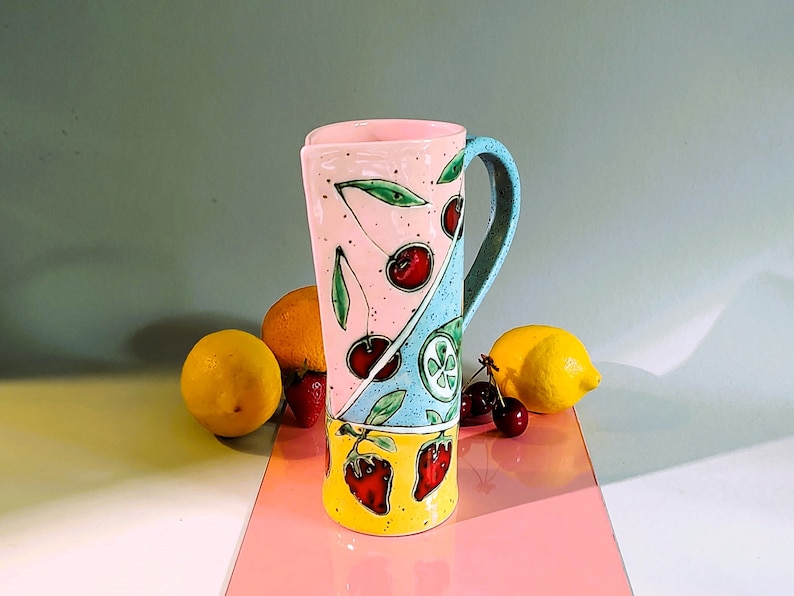Slab Built Ceramic Pitcher, Unique Pottery Jug with Hand Painted Fruts, Tricolored Juice Conteiner, Home Decor, Functional Art image 5