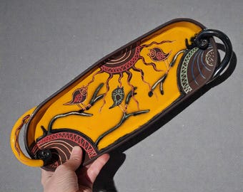 Ceramic Bird Serving Tray, Handmade Pottery Platter, Folk Art Home Decor