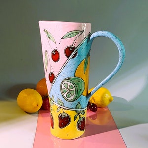 Slab Built Ceramic Pitcher, Unique Pottery Jug with Hand Painted Fruts, Tricolored Juice Conteiner, Home Decor, Functional Art 1200 ml / 40 oz
