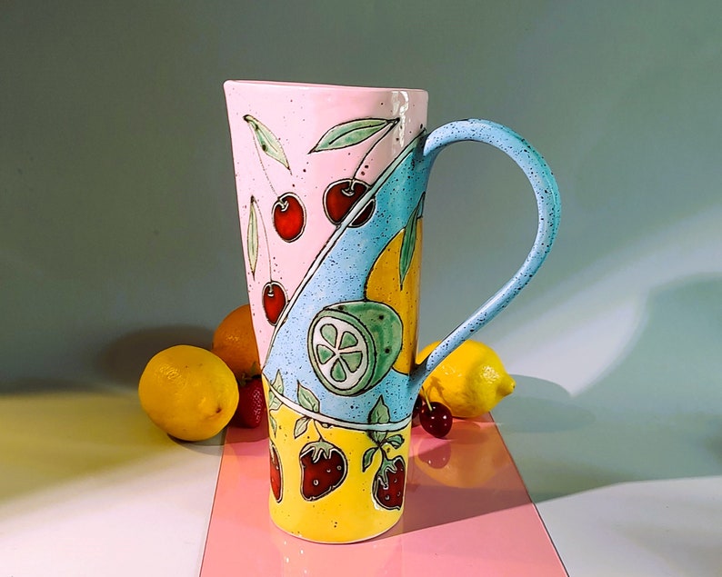 Slab Built Ceramic Pitcher, Unique Pottery Jug with Hand Painted Fruts, Tricolored Juice Conteiner, Home Decor, Functional Art 1200 ml / 40 oz
