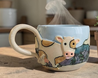 Mug vache fait main - tasse à café animal en céramique, tasse ferme, cadeau pour les amateurs de vache
