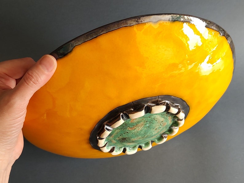 Large Handmade Ceramic Fruit Bowl Bright Yellow, Wall Hanging Plate Unique Home Decor and Housewarming Gift image 9