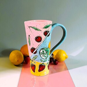 Slab Built Ceramic Pitcher, Unique Pottery Jug with Hand Painted Fruts, Tricolored Juice Conteiner, Home Decor, Functional Art 900 ml / 30 oz