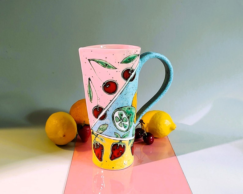 Slab Built Ceramic Pitcher, Unique Pottery Jug with Hand Painted Fruts, Tricolored Juice Conteiner, Home Decor, Functional Art 900 ml / 30 oz