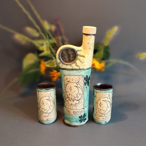 Sun and Moon Alcohol Set, Hand Glazed Ceramic Bottle & Tumblers, Collectible Tarot Themed Pottery for Home Bar, Unique Gift for Art Lovers image 2