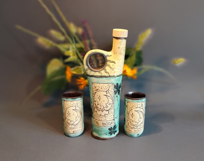 Sun and Moon Alcohol Set, Hand Glazed Ceramic Bottle & Tumblers, Collectible Tarot Themed Pottery for Home Bar, Unique Gift for Art Lovers image 2