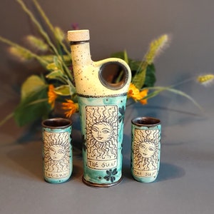 Sun and Moon Alcohol Set, Hand Glazed Ceramic Bottle & Tumblers, Collectible Tarot Themed Pottery for Home Bar, Unique Gift for Art Lovers image 3