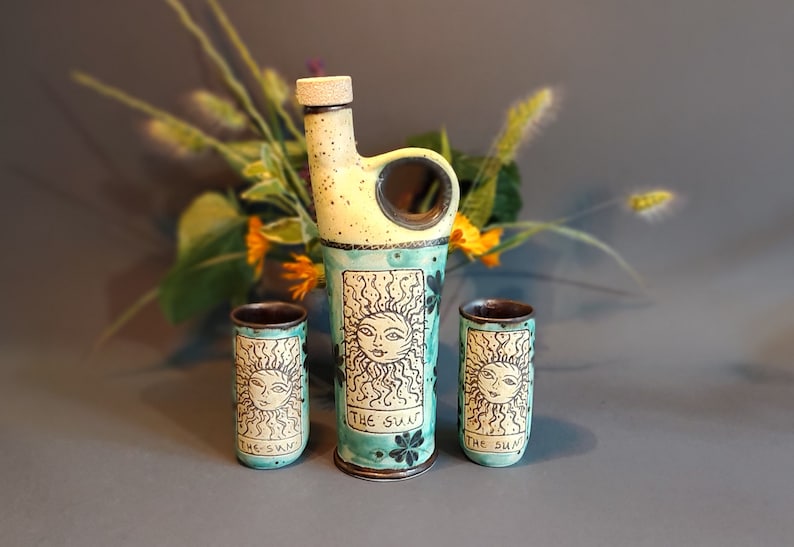 Sun and Moon Alcohol Set, Hand Glazed Ceramic Bottle & Tumblers, Collectible Tarot Themed Pottery for Home Bar, Unique Gift for Art Lovers image 3