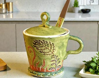 Ceramic Honey Jar with Lid & Spoon – Handmade Pottery Sugar Bowl – Rustic Kitchen Storage Gift