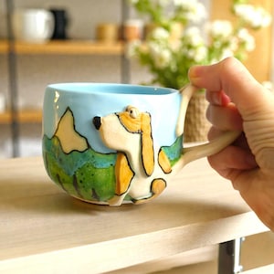 Handmade Ceramic Dog Mug, Whimsical Mountain Coffee Cup, Hand Sculpted Pottery Gift for Pup Lovers