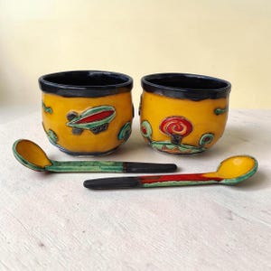 Handmade Ceramic Bowl with Spoon Dessert Set Small Pottery Gift Colorful
