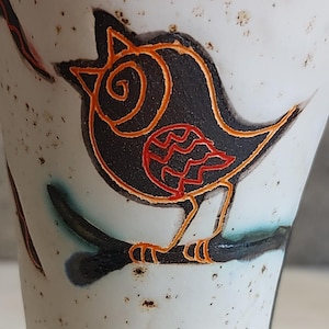sgraffito bird detail handmade ceramic mug carved pottery design
