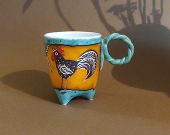 Small Handbuilt Ceramic Mug with a Hand Painted Rooster, Pottery Espresso Cup, Colorful Coffee Cup, Collectible Pottery, Cute Mug, Bird Mug
