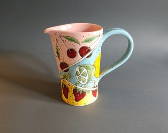 Handmade Ceramic Tea or Coffee Jug, Hand-painted Fruit Pattern Pottery Pot, Small - 20 oz Artisan Pitcher for Your Kitchen. Unique Gift idea