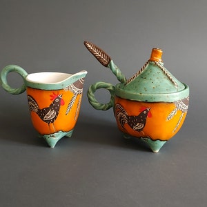 Handmade Sugar Cellar and Creamer Set, Hand Painted Rooster Motif on Orange Sugar Bowl with Ceramic Spoon, Functional Gift - Kitchen Decor.
