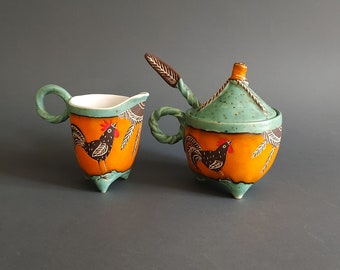 Handmade Sugar Cellar and Creamer Set, Hand Painted Rooster Motif on Orange Sugar Bowl with Ceramic Spoon, Functional Gift - Kitchen Decor.