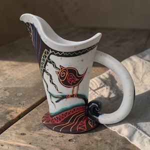 Handmade Ceramic Creamer Pitcher with Folk Bird – Sculptural Pottery Jug – Small Decorative Vase