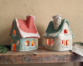 Handmade Ceramic Christmas Houses, Miniature Village Candle Holders, Cozy Winter Decor