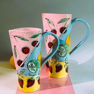 Slab Built Ceramic Pitcher, Unique Pottery Jug with Hand Painted Fruts, Tricolored Juice Conteiner, Home Decor, Functional Art image 2
