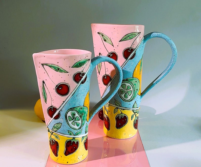 Slab Built Ceramic Pitcher, Unique Pottery Jug with Hand Painted Fruts, Tricolored Juice Conteiner, Home Decor, Functional Art image 2