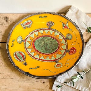 Large Handmade Ceramic Platter, Hand Painted Serving Dish, Colorful Art Pottery Centerpiece