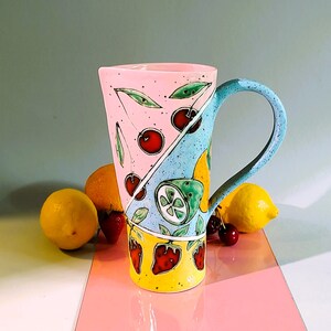 Slab Built Ceramic Pitcher, Unique Pottery Jug with Hand Painted Fruts, Tricolored Juice Conteiner, Home Decor, Functional Art image 3
