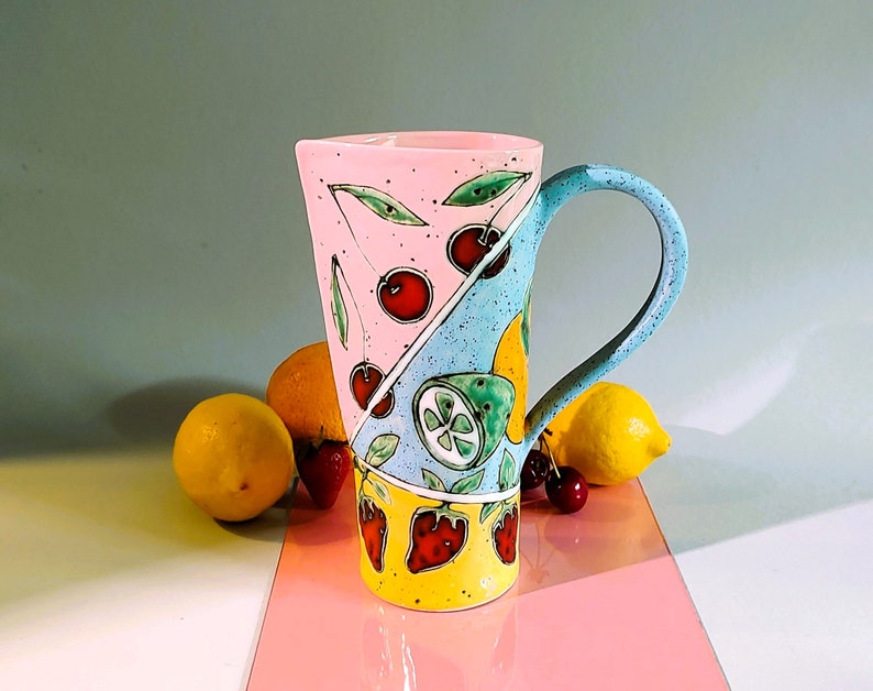 Slab Built Ceramic Pitcher, Unique Pottery Jug with Hand Painted Fruts, Tricolored Juice Conteiner, Home Decor, Functional Art image 3