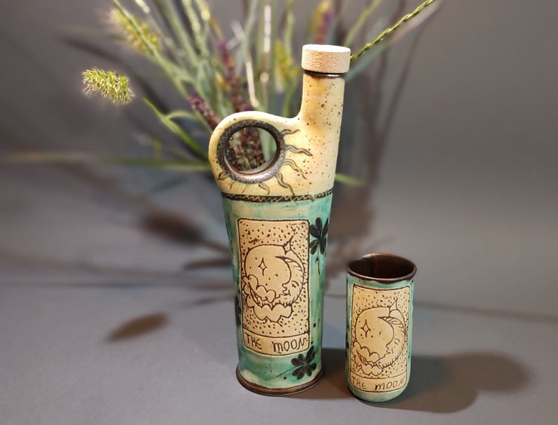 Sun and Moon Alcohol Set, Hand Glazed Ceramic Bottle & Tumblers, Collectible Tarot Themed Pottery for Home Bar, Unique Gift for Art Lovers image 5