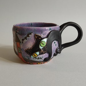 Black Cat Ceramic Mug, Handmade Coffee Mug, Gothic castle cup, Coffee Lover Mug, Halloween Present Cup, Unique Gift Ceramic, Pottery Tea Cup