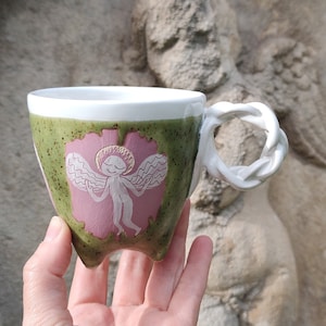 Handmade Coffee Cup, Cute and Funny Small Pottery Mug, Tea Cup with Hand painted Angels, Green and Purple Cool Ceramic Cup, Unique Gift Idea