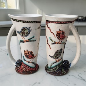 ceramic bird mug set handmade tall coffee cups artisan pottery
