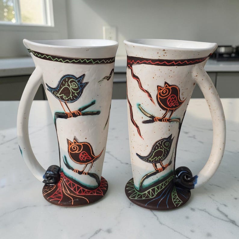 ceramic bird mug set handmade tall coffee cups artisan pottery