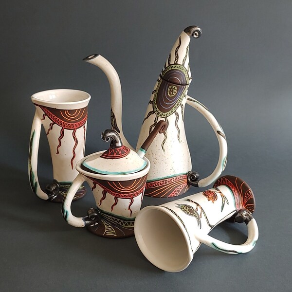 Exquisite Handmade Bird Tea Set, Charming Tea Set With Handpainted Decoration, Set of Teapot sugar bowl with little teaspoon and two teacups