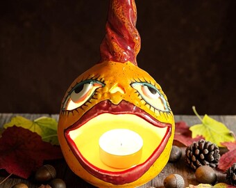 Handmade Ceramic Pumpkin Lantern, Halloween Candle Holder, Funny Jack O Lantern Decor